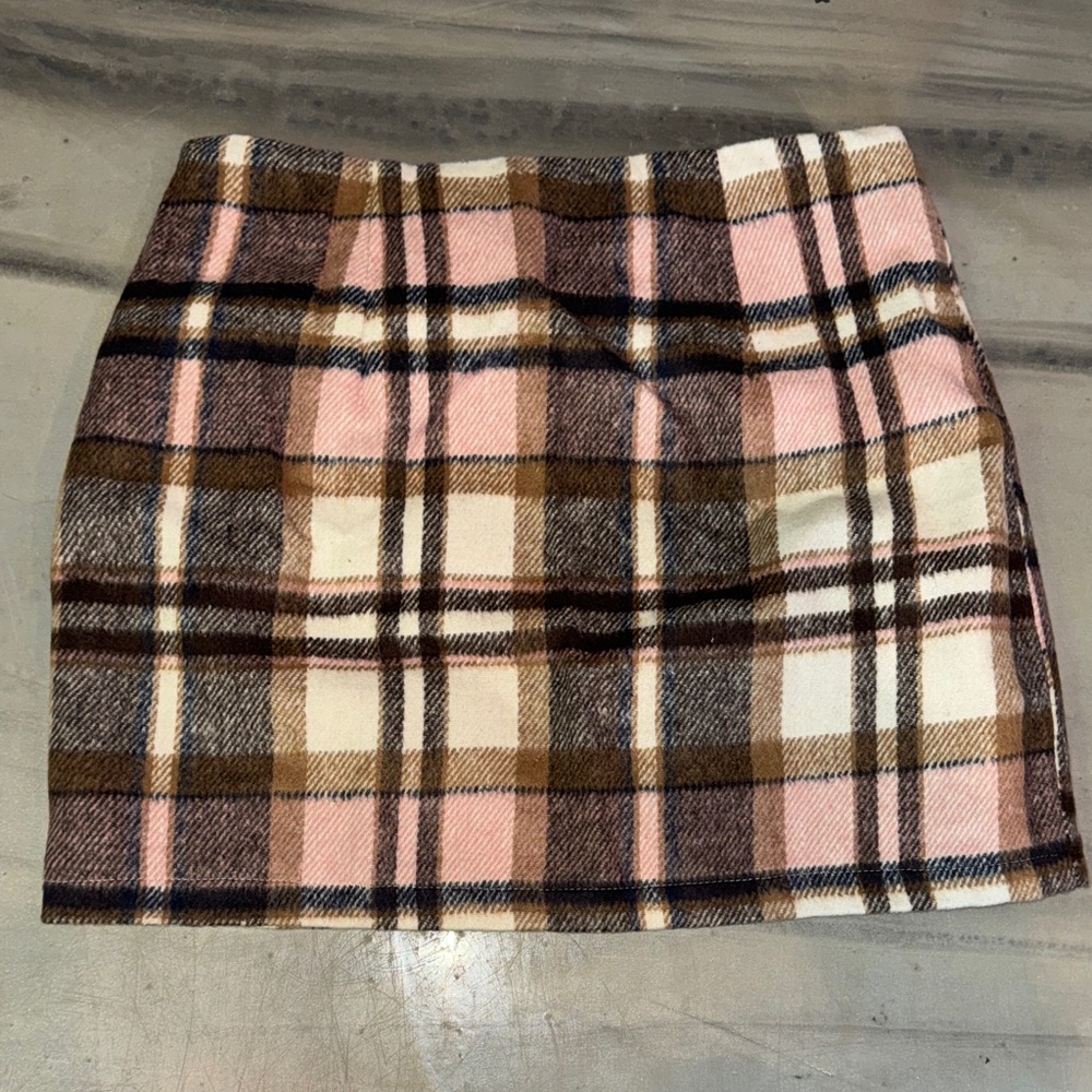 Pink & Brown Plaid Wool Blend Mini Skirt - Size Medium - NWOT